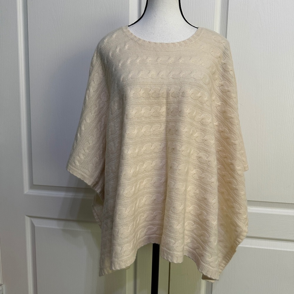 Cochni Italy 100% Cashmere Cable Knit Poncho Cream Quite Luxury Fisherman Preppy